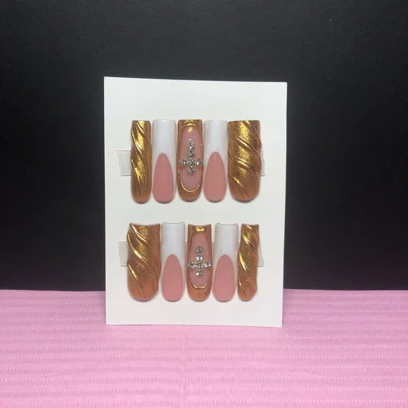 Handmade press on nail set. Long square French and gold design. - Picture 2 of 3